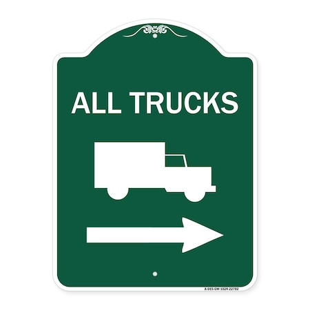 Signmission Trucks Sign All Trucks W/ Truck & Right Arrow, Green & White Aluminum Sign, 18" x 24", GW-1824-22782 A-DES-GW-1824-22782